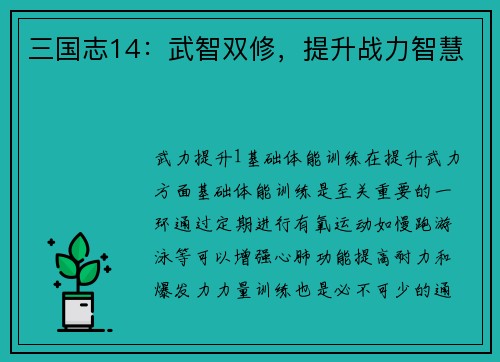 三国志14：武智双修，提升战力智慧