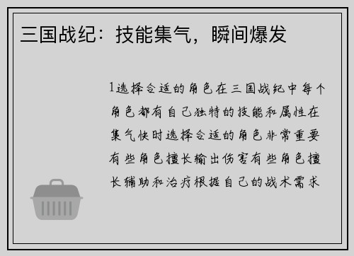三国战纪：技能集气，瞬间爆发